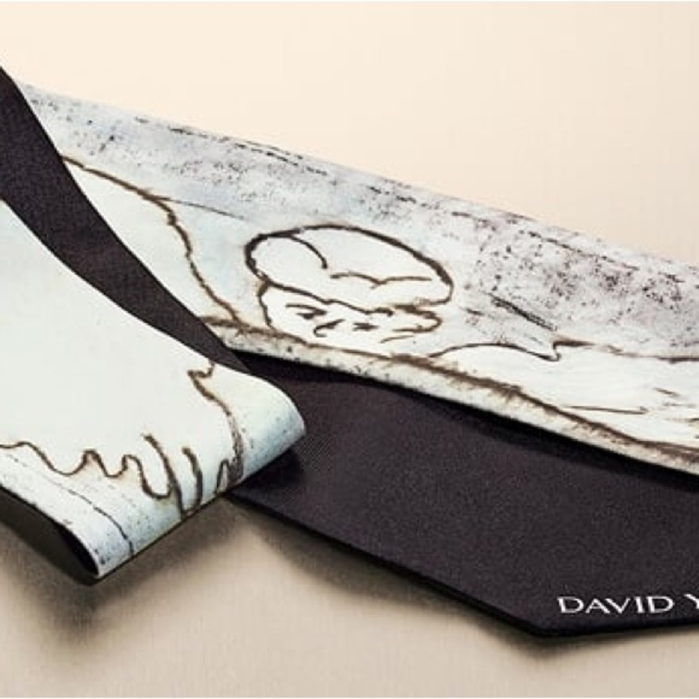 David Yurman Black & Gray Angel Print Twilly / Narrow Silk Scarf
